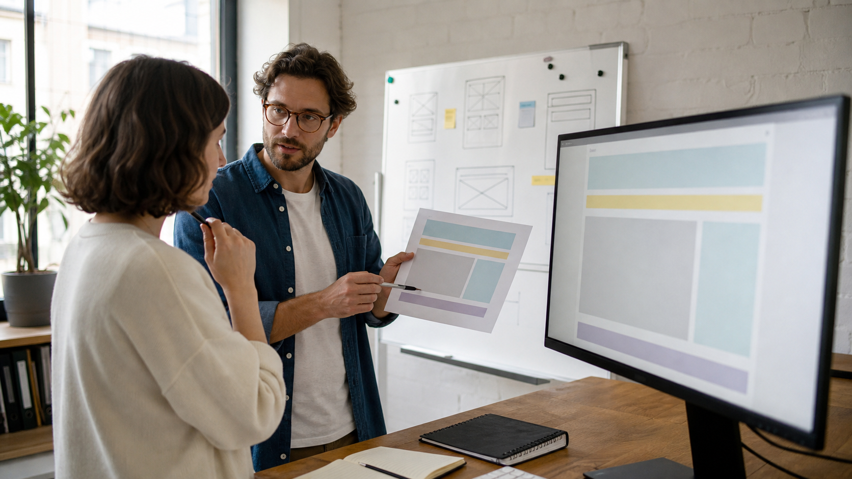 Two web professionals discussing a webpage layout beside a monitor