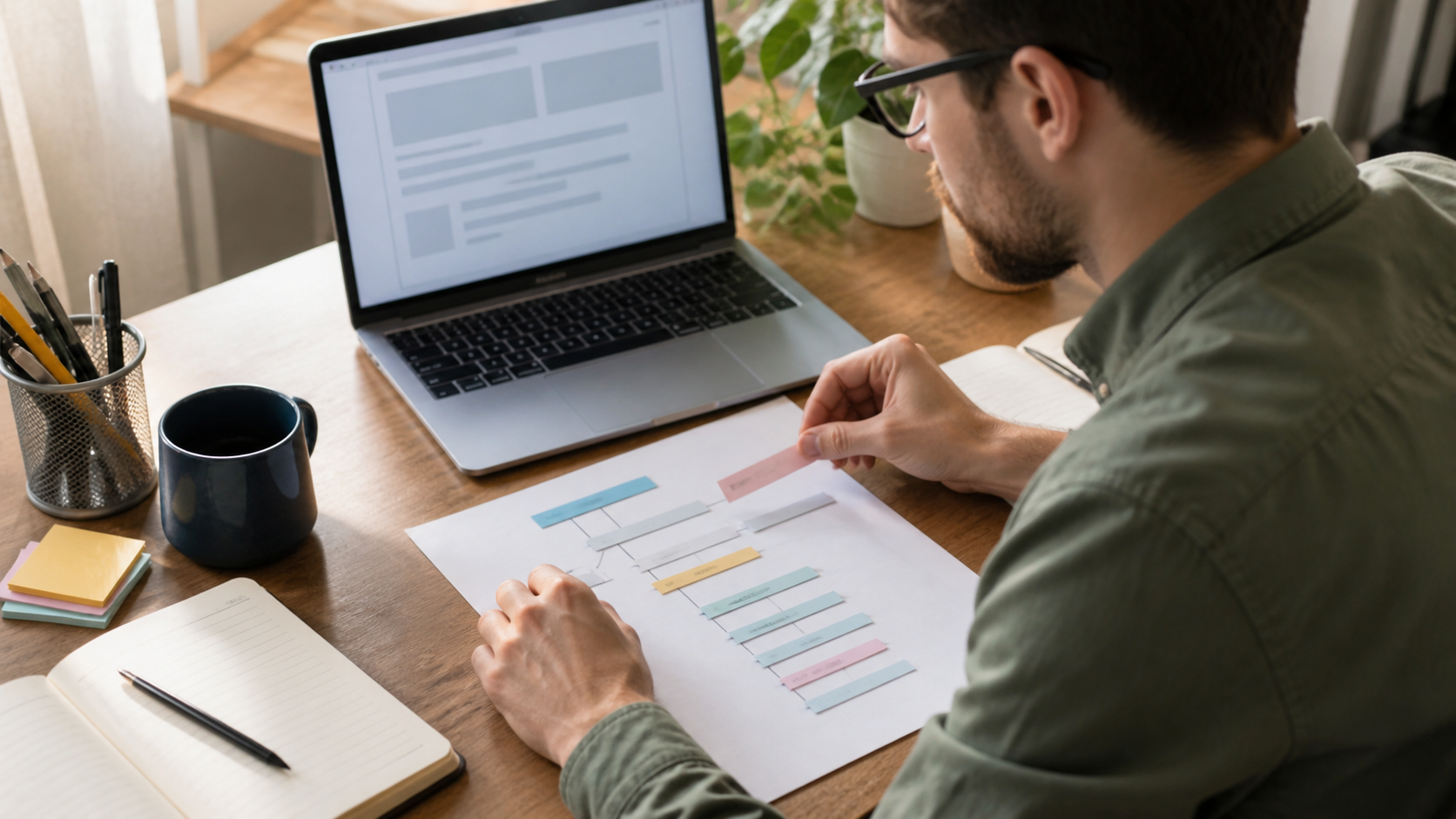 Developer organizing a printed webpage outline beside a laptop