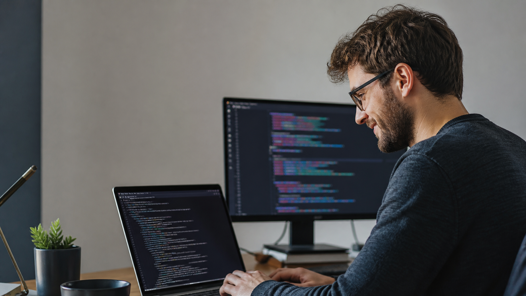 Developer inspecting a webpage's HTML source on a laptop