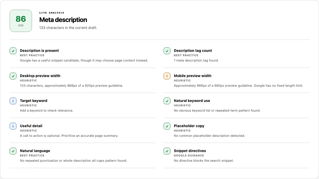 Meta Description Checker showing the solviewer.site description tag at 133 characters