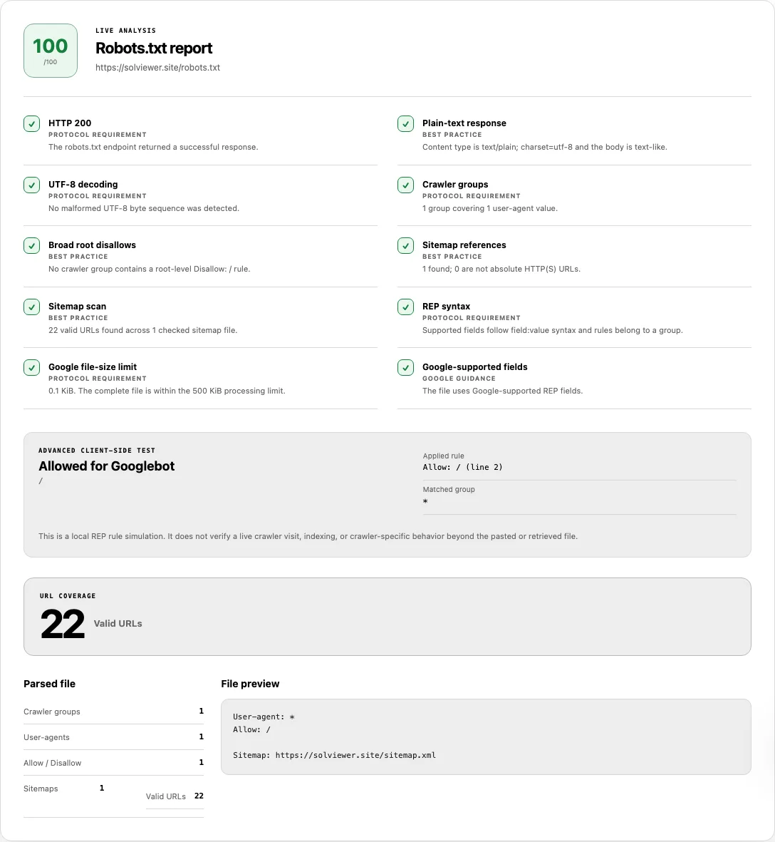 SolViewer robots.txt tester showing HTTP 200, one crawler group, and Allowed for Googlebot on /