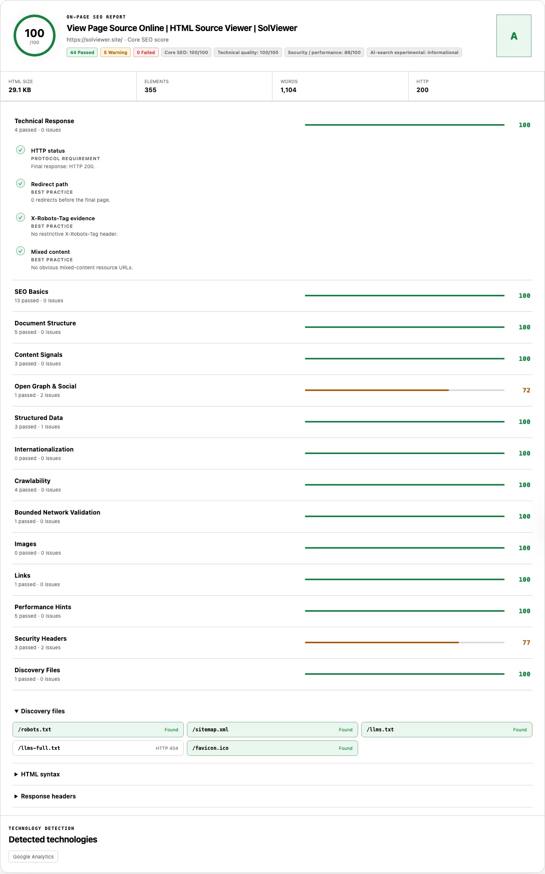 SolViewer on-page SEO checker report for https://solviewer.site/ with canonical, HTTP 200, and missing og:image findings