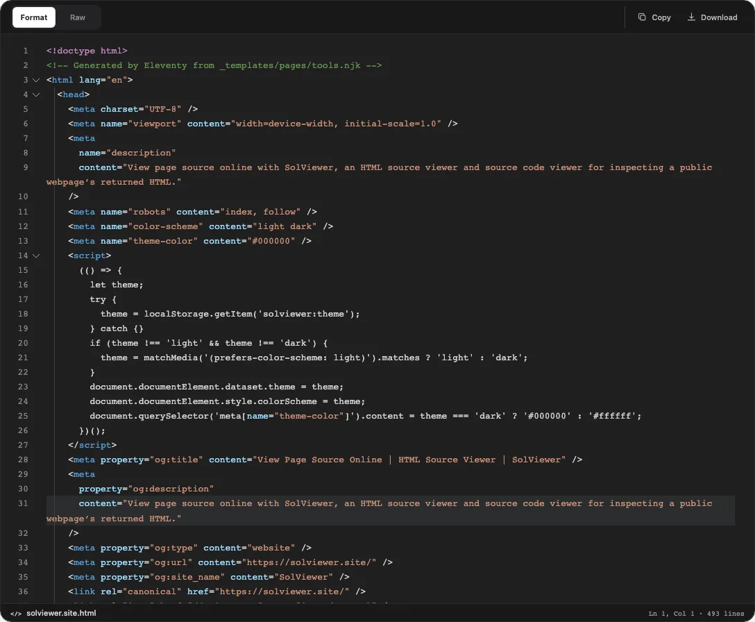 SolViewer View Source showing numbered homepage HTML for https://solviewer.site/